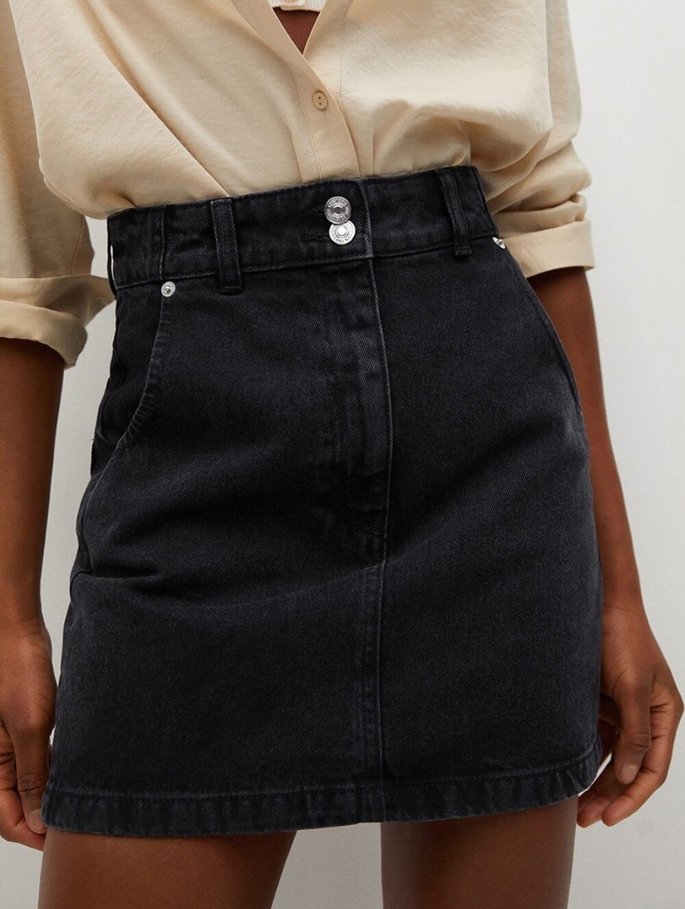 NWT Mango Black Marion Slouchy High Waisted Cotton Denim Mini Skirt Size XS
